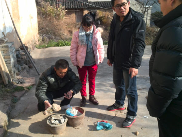 汪开敏、徐盼盼、李萍在欣赏我收藏的群体贝壳化石（李直才摄影）